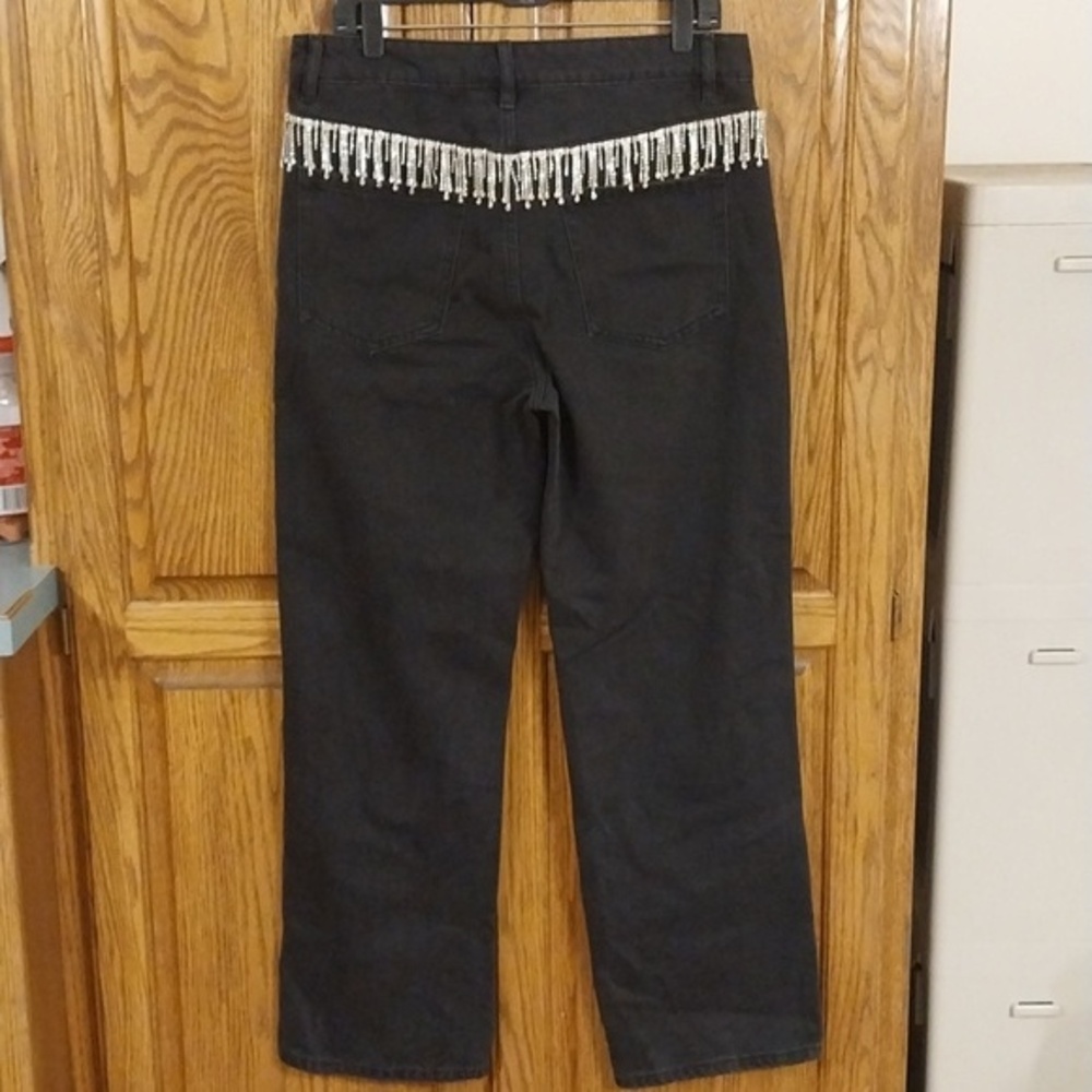 Twelve By On Twelft NWT Rhinestone Fringe Straight Leg Denim Jeans Sz 29 Black